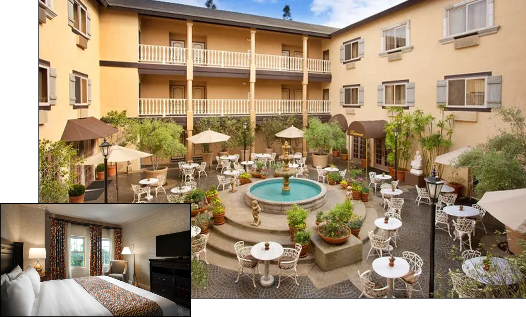 Ayres hotel courtyard with fountain and bistro tables. Inset photo of a suite with bed, chair and tv